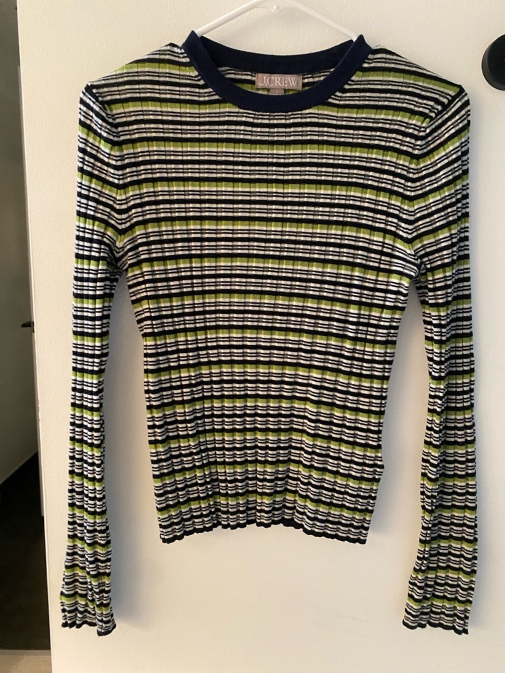 J. Crew Navy, White & Lime Striped Ribbed Crewneck Sweater